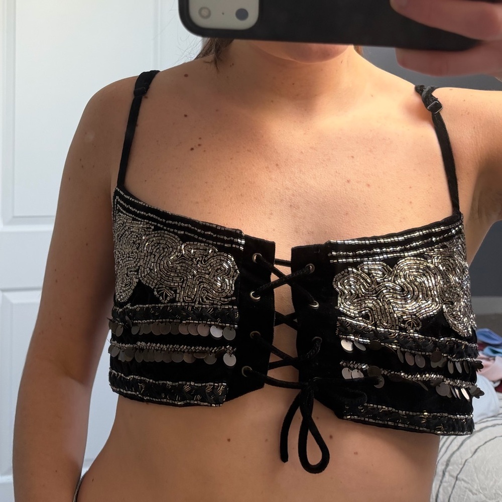 Free People Black and Gold Lace-Up Bandeau